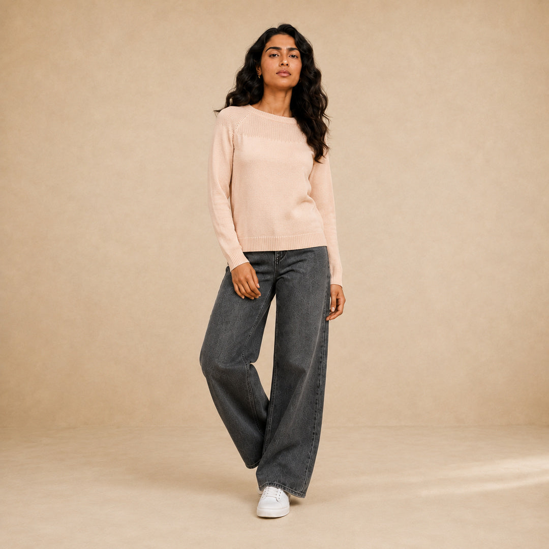 Women's plain knit crew neck pullover in salmon