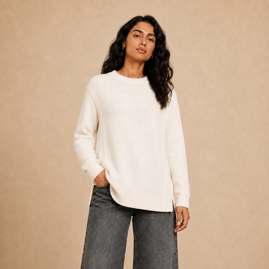 Lio plain long crew neck knit pullover for women in cream - Item 26152120