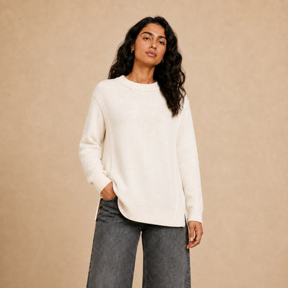 Lio plain long crew neck knit pullover for women in cream - Item 26152120