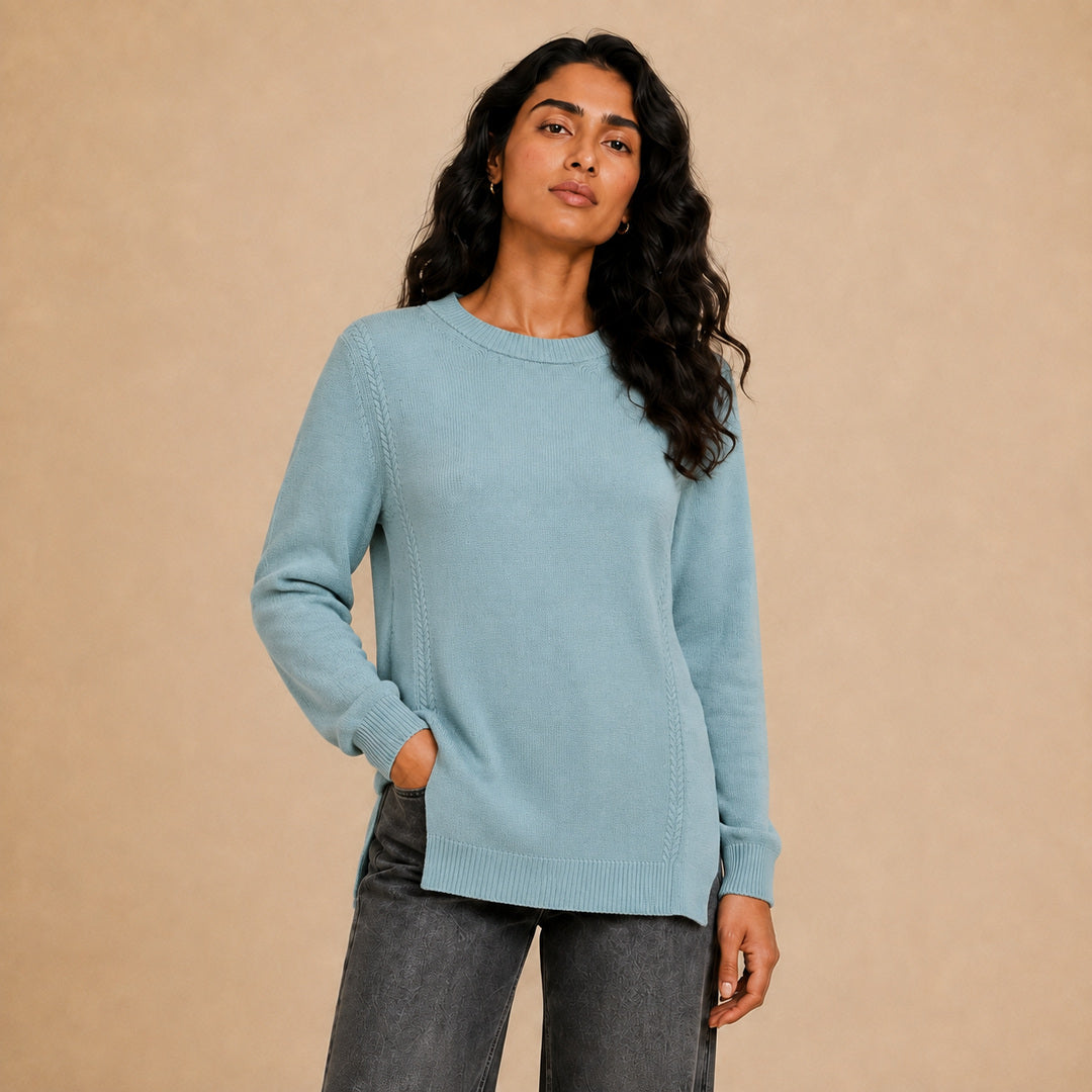 Lio plain long crew neck knit pullover for women in mint - Item 26152120