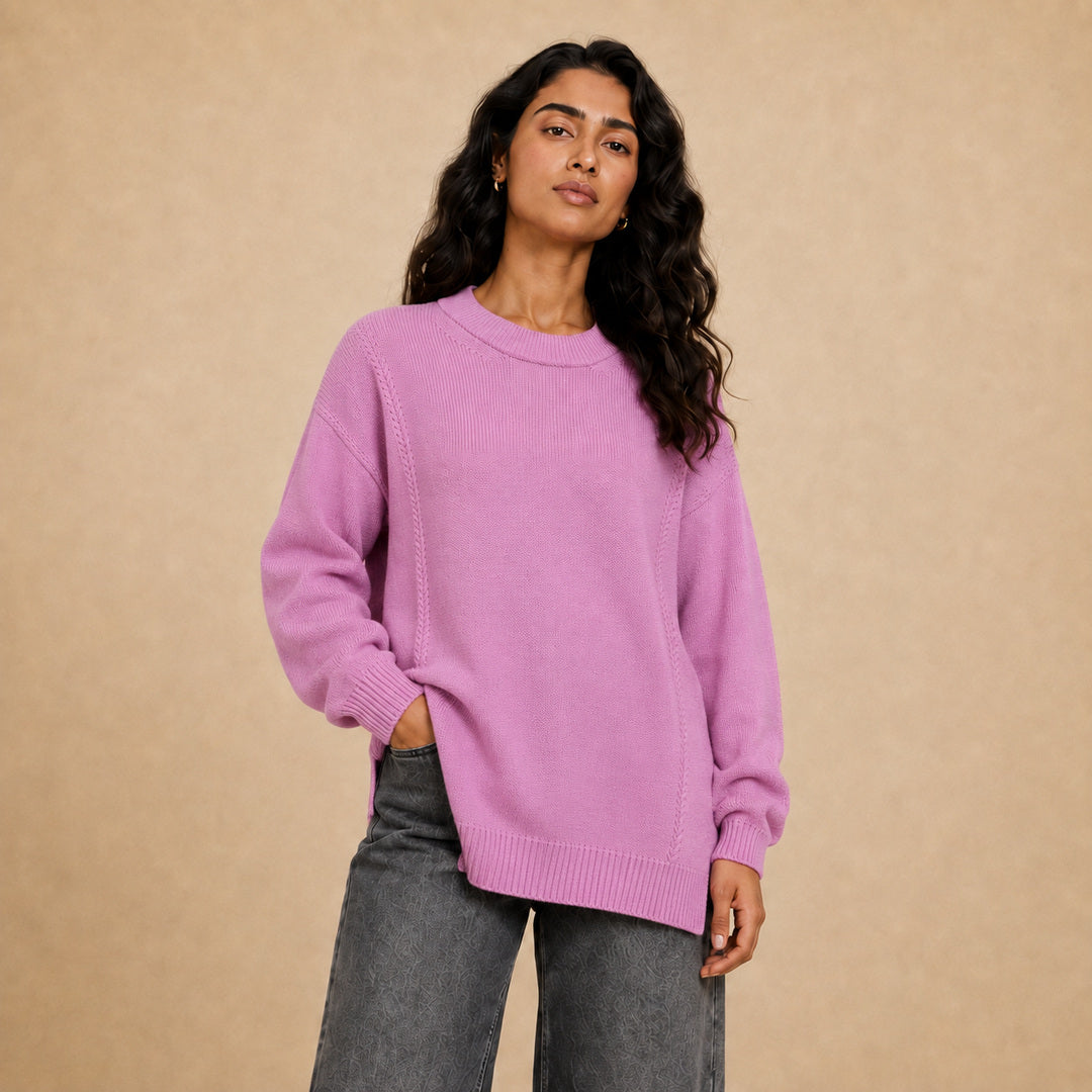 Lio plain long crew neck knit pullover for women in pink - Item 26152120