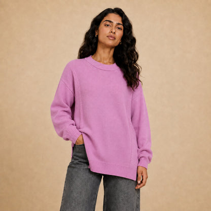 Lio plain long crew neck knit pullover for women in pink - Item 26152120