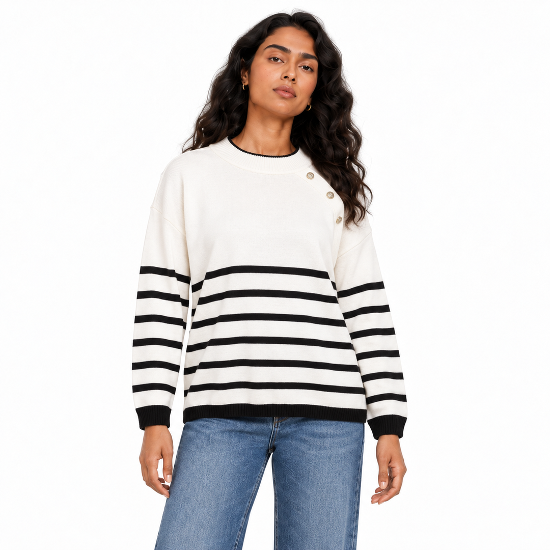Women's Striped Knit Pullover with Shoulder Buttons in Cream on a model