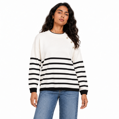 Women's Striped Knit Pullover with Shoulder Buttons in Cream on a model