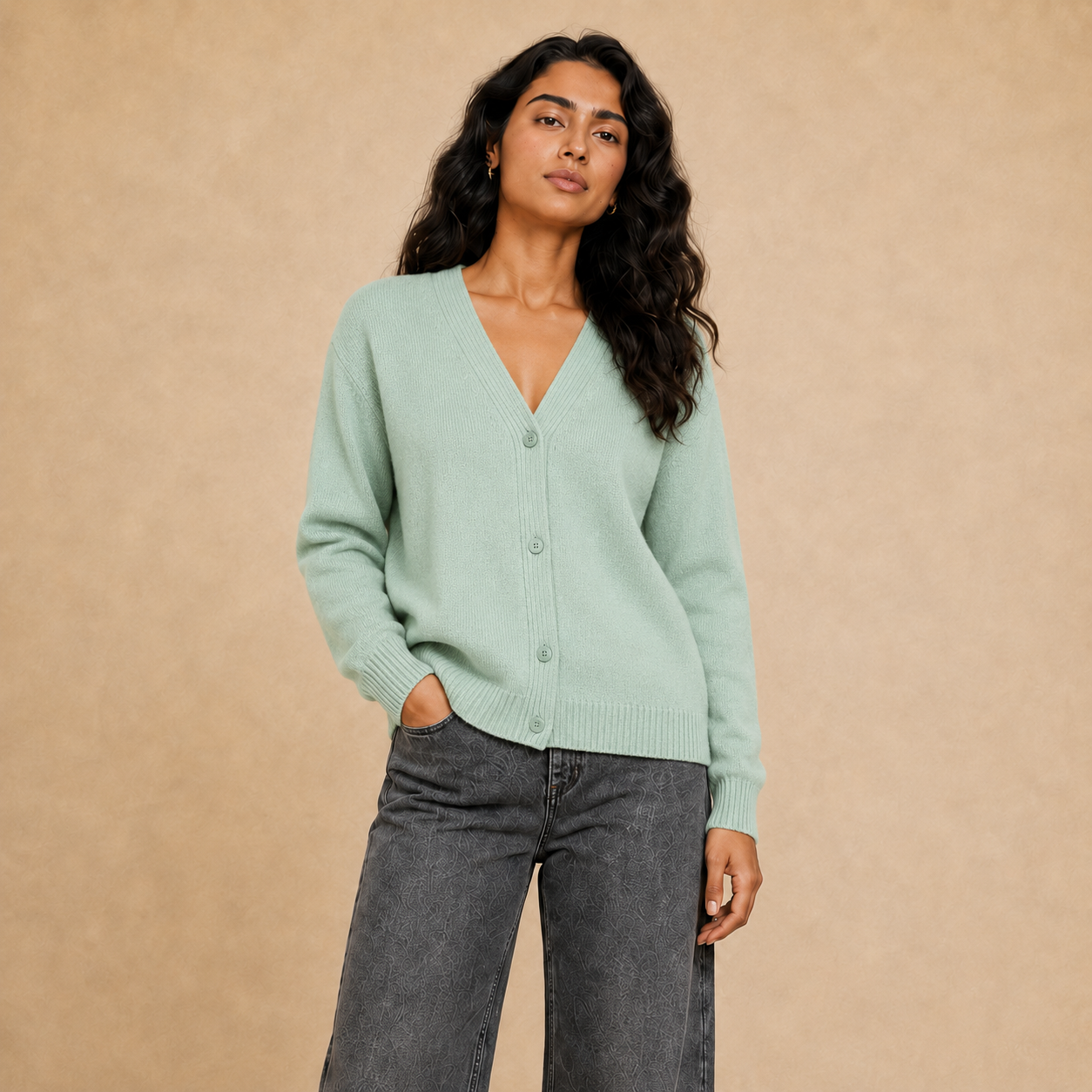 Women cotton knit V-neck button cardigan in LIGHTGREEN - Item 26152122