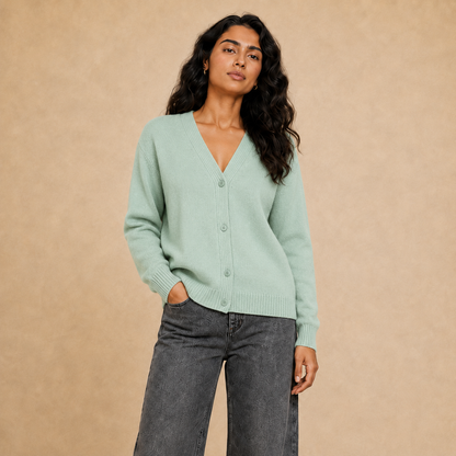Women cotton knit V-neck button cardigan in LIGHTGREEN - Item 26152122