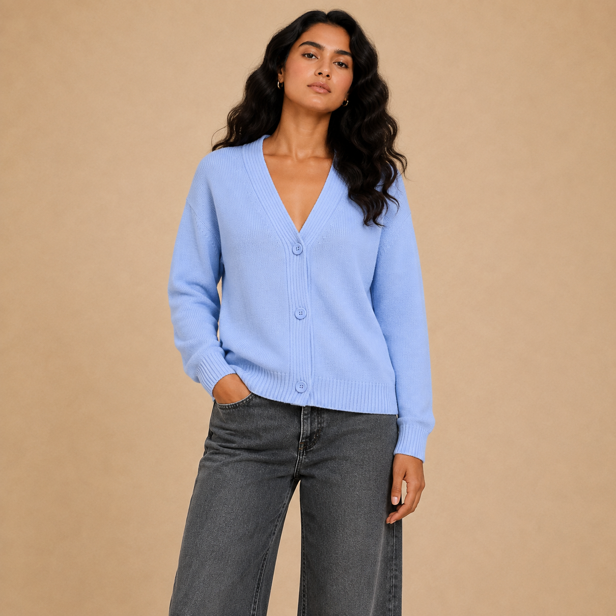 Women cotton knit V-neck button cardigan in SKY - Item 26152122