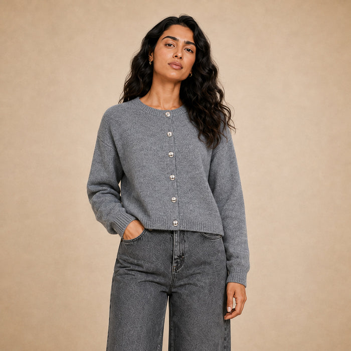 Bill plain knit button cardigan for women in medium grey - Item 26152123