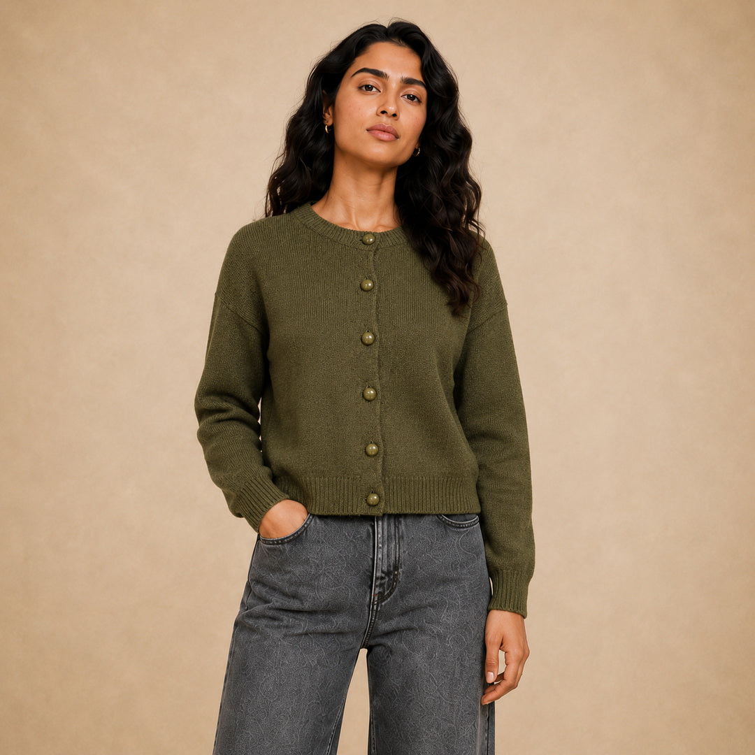 Bill plain knit button cardigan for women in olive - Item 26152123