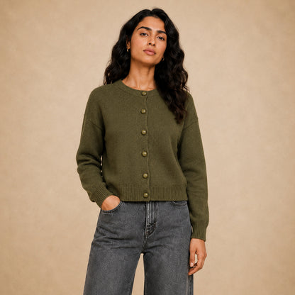 Bill plain knit button cardigan for women in olive - Item 26152123