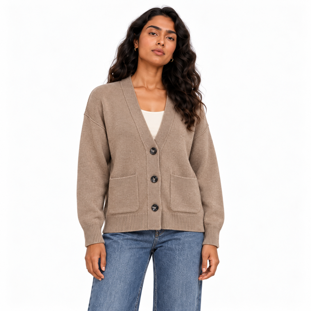 Women's V-Neck Button Knit Cardigan in Beige on a model