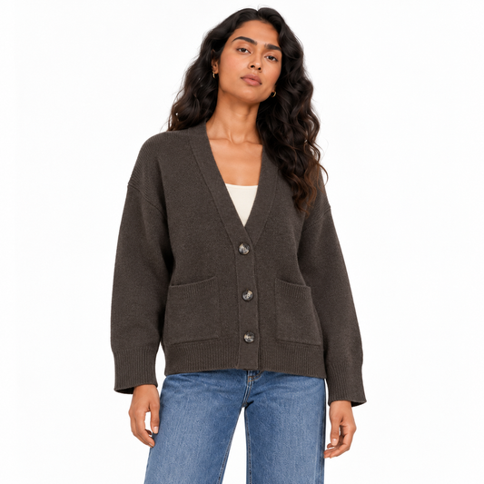 Women's V-Neck Button Knit Cardigan in Brown on a model