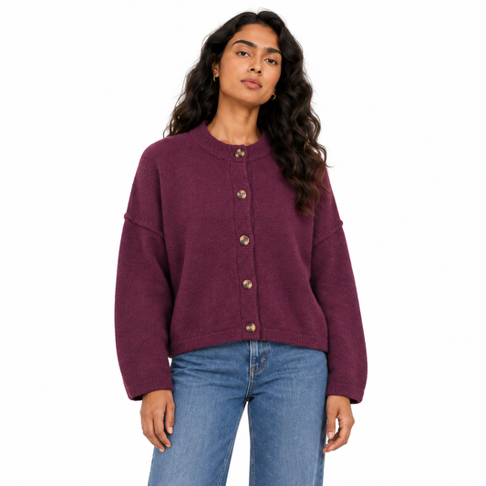 Women's Crew Neck Button Knit Cardigan in Lightred on a model