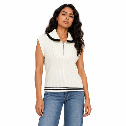Women's Sleeveless Half-Zip Knit Top in Cream on a model