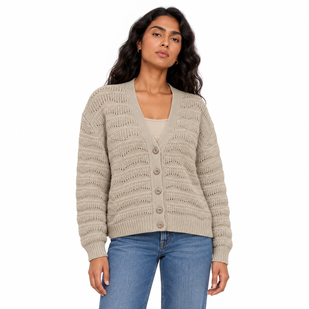 Women's Pointelle Button Knit Cardigan in Beige on a model