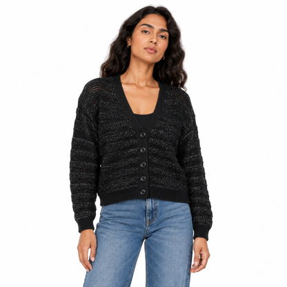 Women's Pointelle Button Knit Cardigan in Black on a model