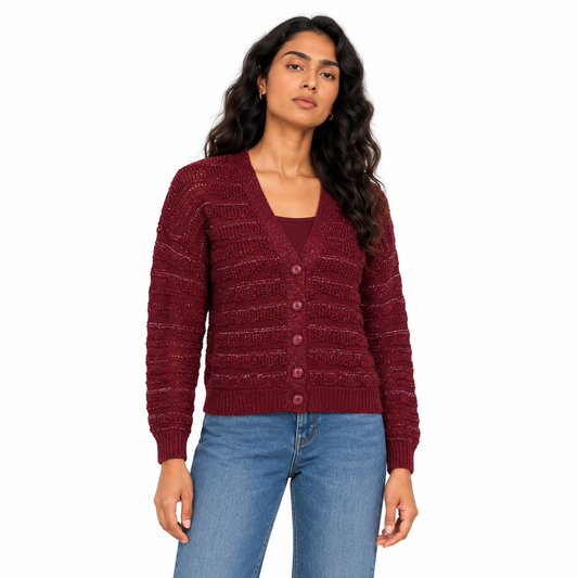 Women's Pointelle Button Knit Cardigan in Dark Red on a model