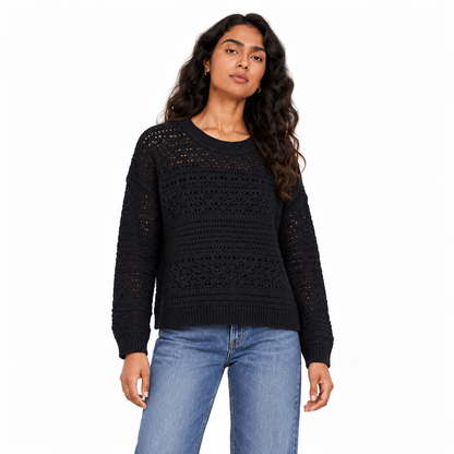 Women's Pointelle Crew Neck Knit Pullover in Black on a model