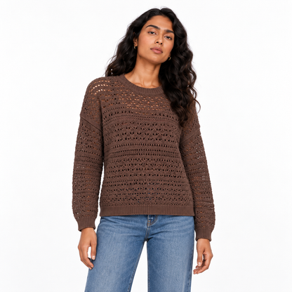 Women's Pointelle Crew Neck Knit Pullover in Brown on a model