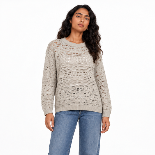 Women's Pointelle Crew Neck Knit Pullover in Light Beige on a model
