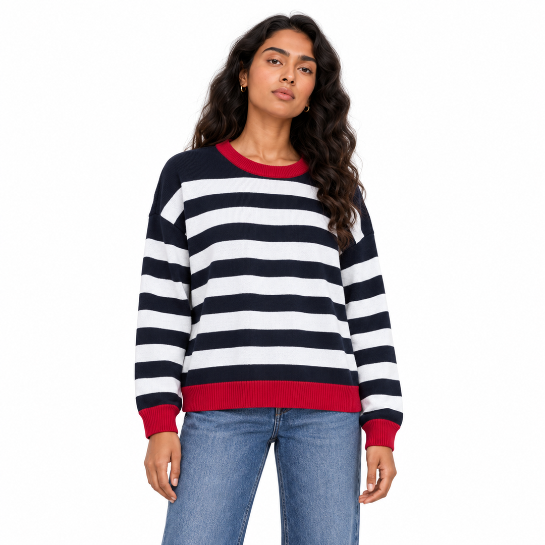 Women's Striped Crew Neck Knit Pullover in Navy on a model