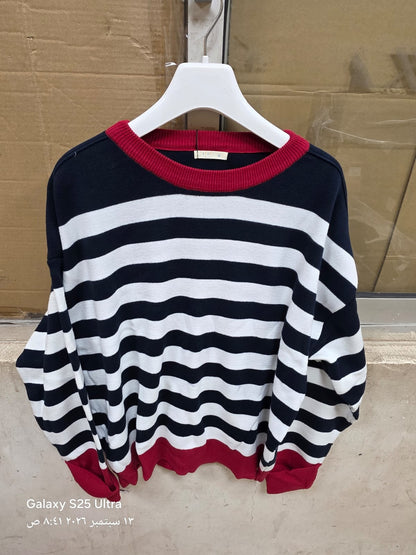Women's Striped Crew Neck Knit Pullover in Navy product view