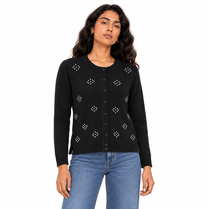 Women's Embroidered Button Knit Cardigan in Black on a model