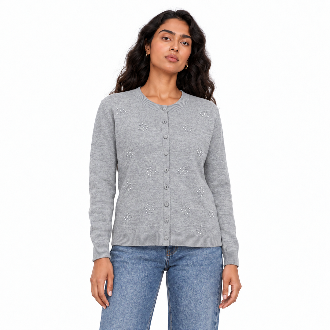 Women's Embroidered Button Knit Cardigan in Silver on a model