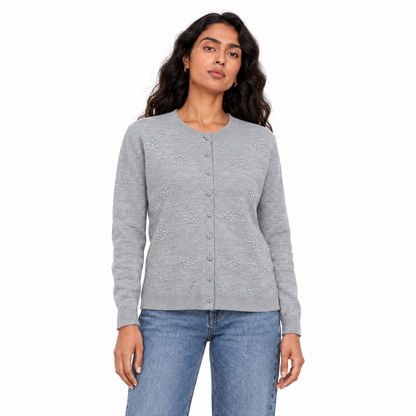 Women's Embroidered Button Knit Cardigan in Silver on a model