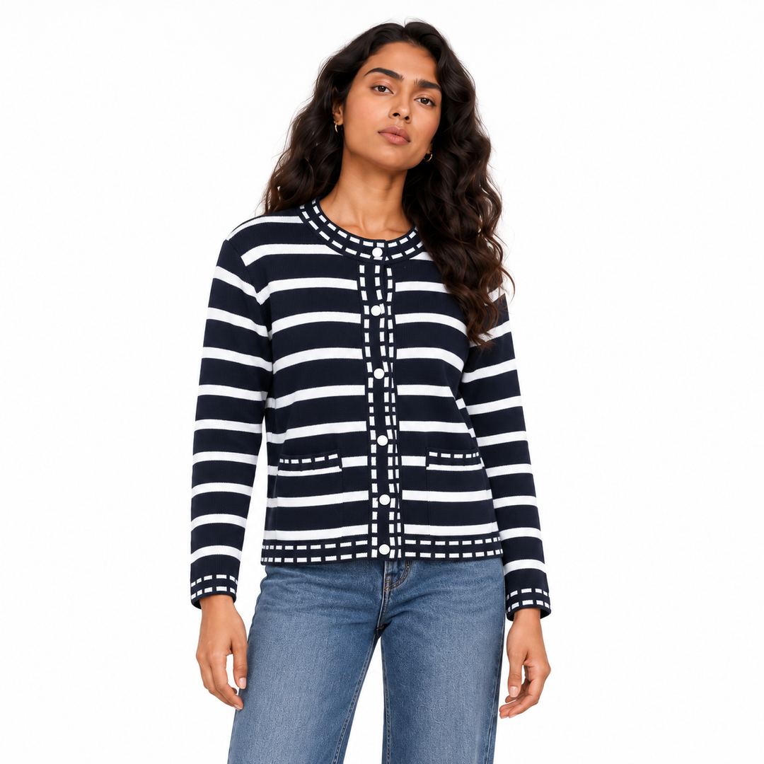 Women's Striped Button Knit Cardigan in Navy on a model