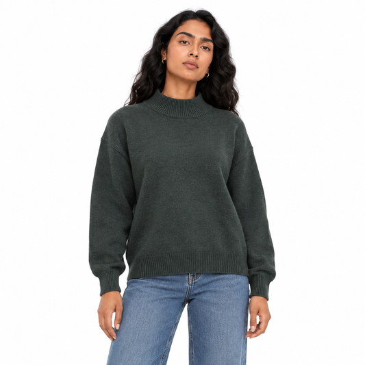 Women's Half Neck Knit Pullover in Olive on a model