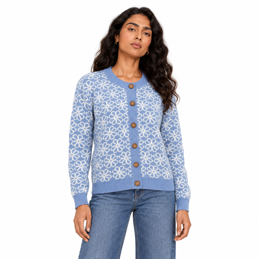 Women's Floral Jacquard Knit Cardigan in Sky on a model