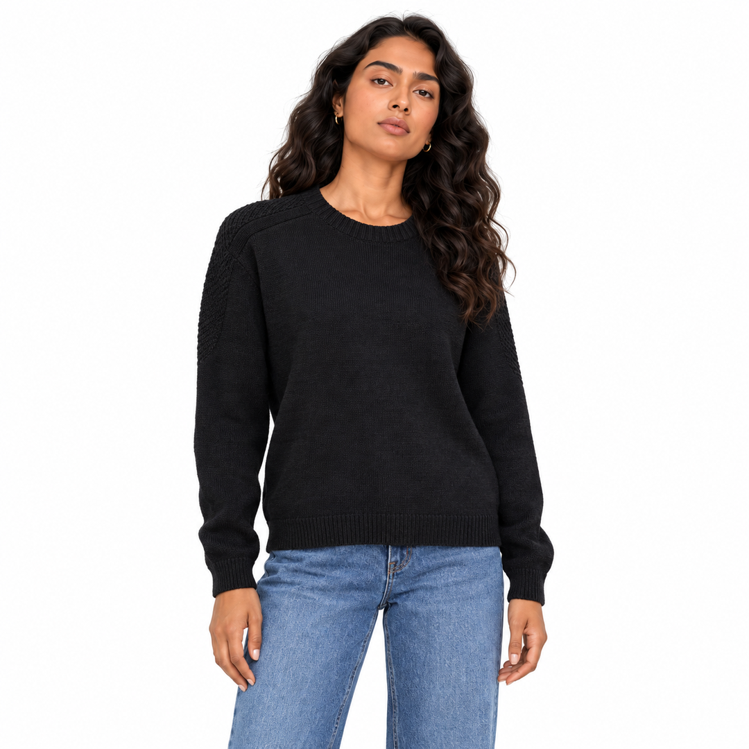 Women's Crew Neck Knit Pullover in Black on a model