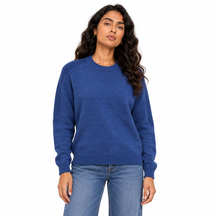 Women's Crew Neck Knit Pullover in Denim Blue on a model