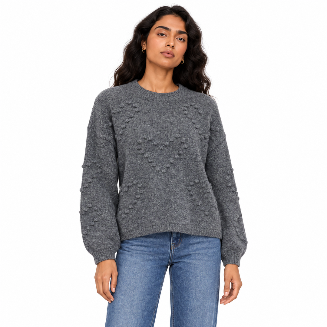 Women's Textured Crew Neck Knit Pullover in Grey Melange on a model