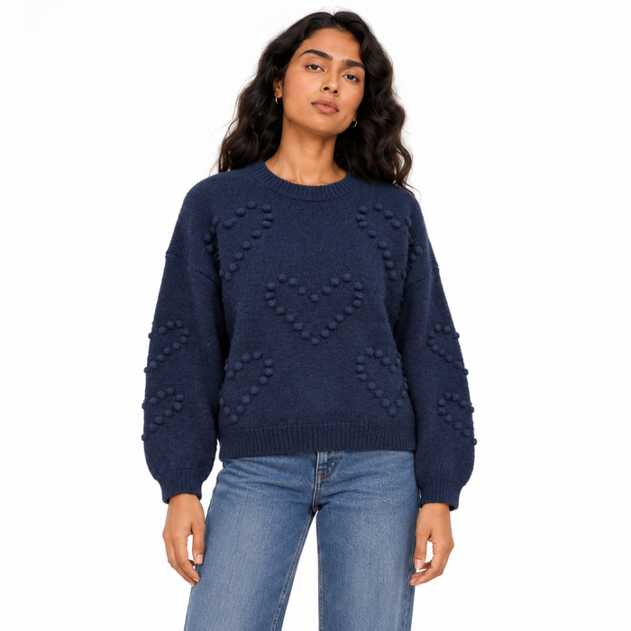 Women's Textured Crew Neck Knit Pullover in Navy on a model