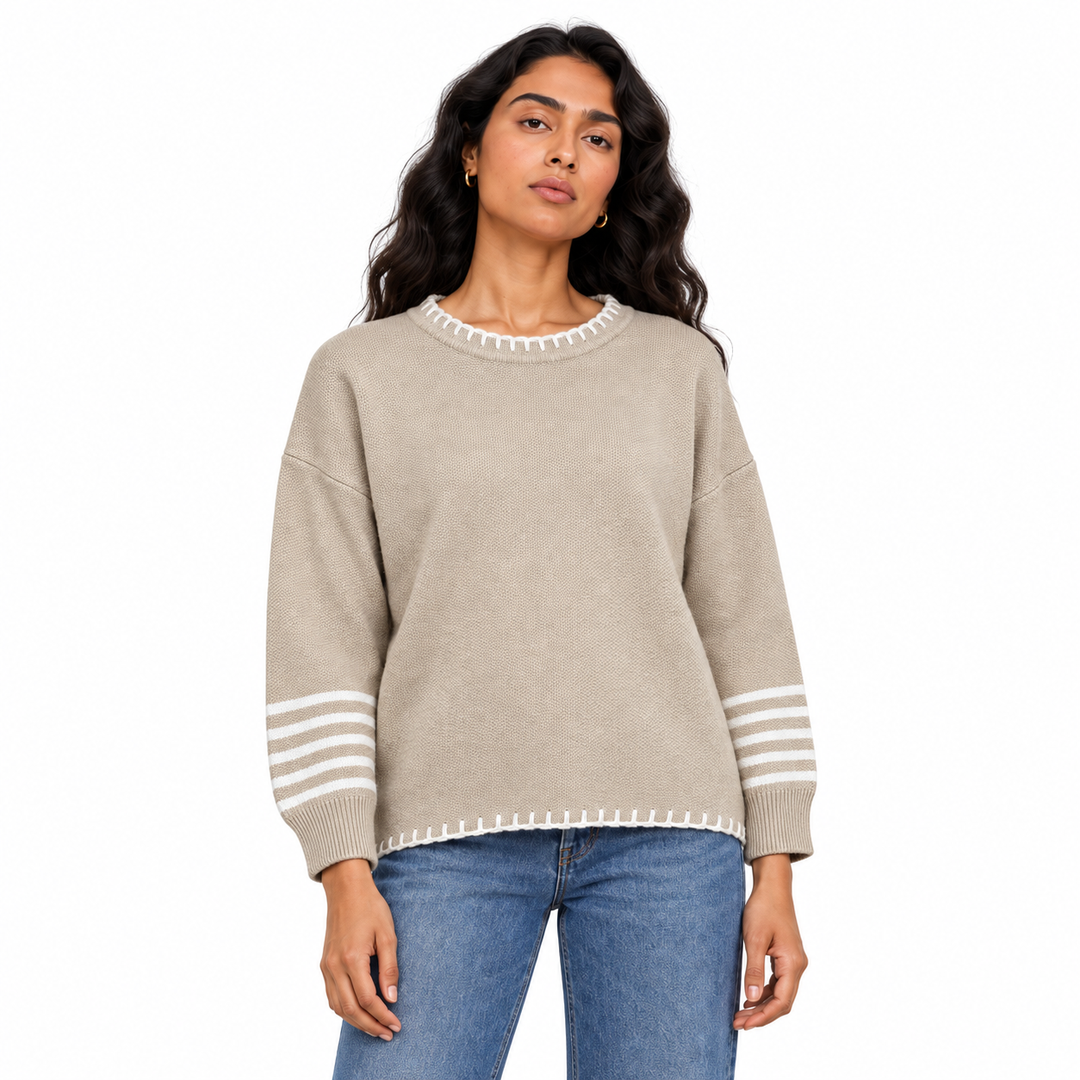 Women's Knit Pullover with Striped Cuffs in Beige on a model