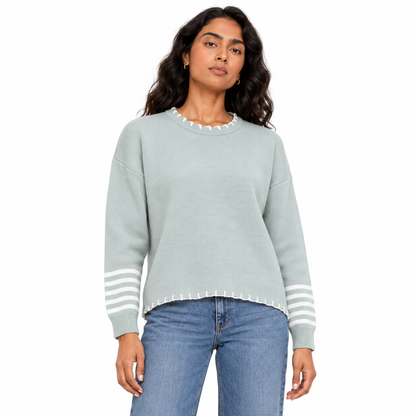 Women's Knit Pullover with Striped Cuffs in Mint on a model