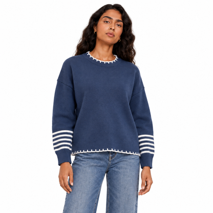 Women's Knit Pullover with Striped Cuffs in Navy on a model