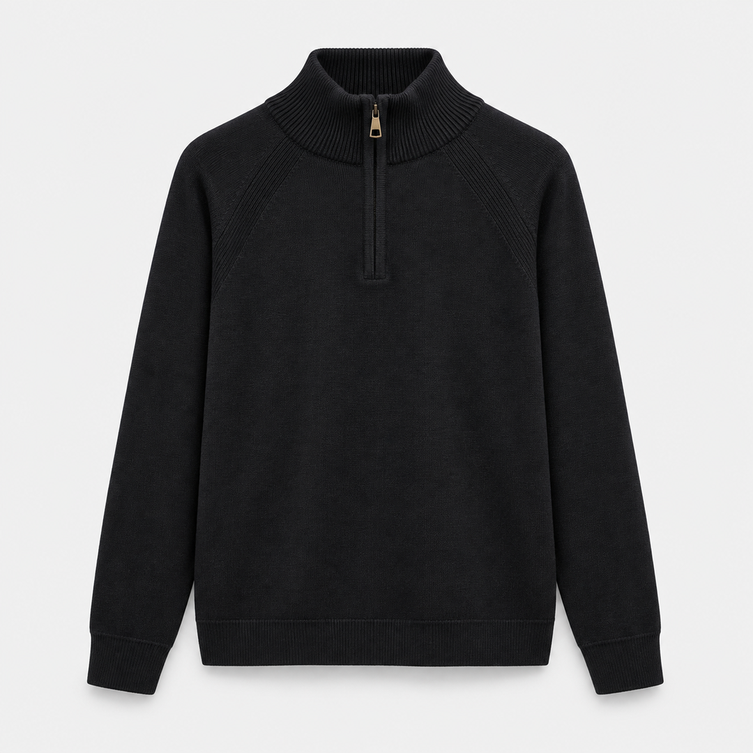 Men Half Zip Knit Pullover in Black - flat product view