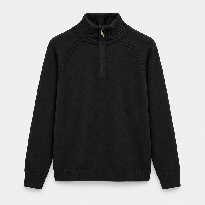 Men Half Zip Knit Pullover in Black - flat product view