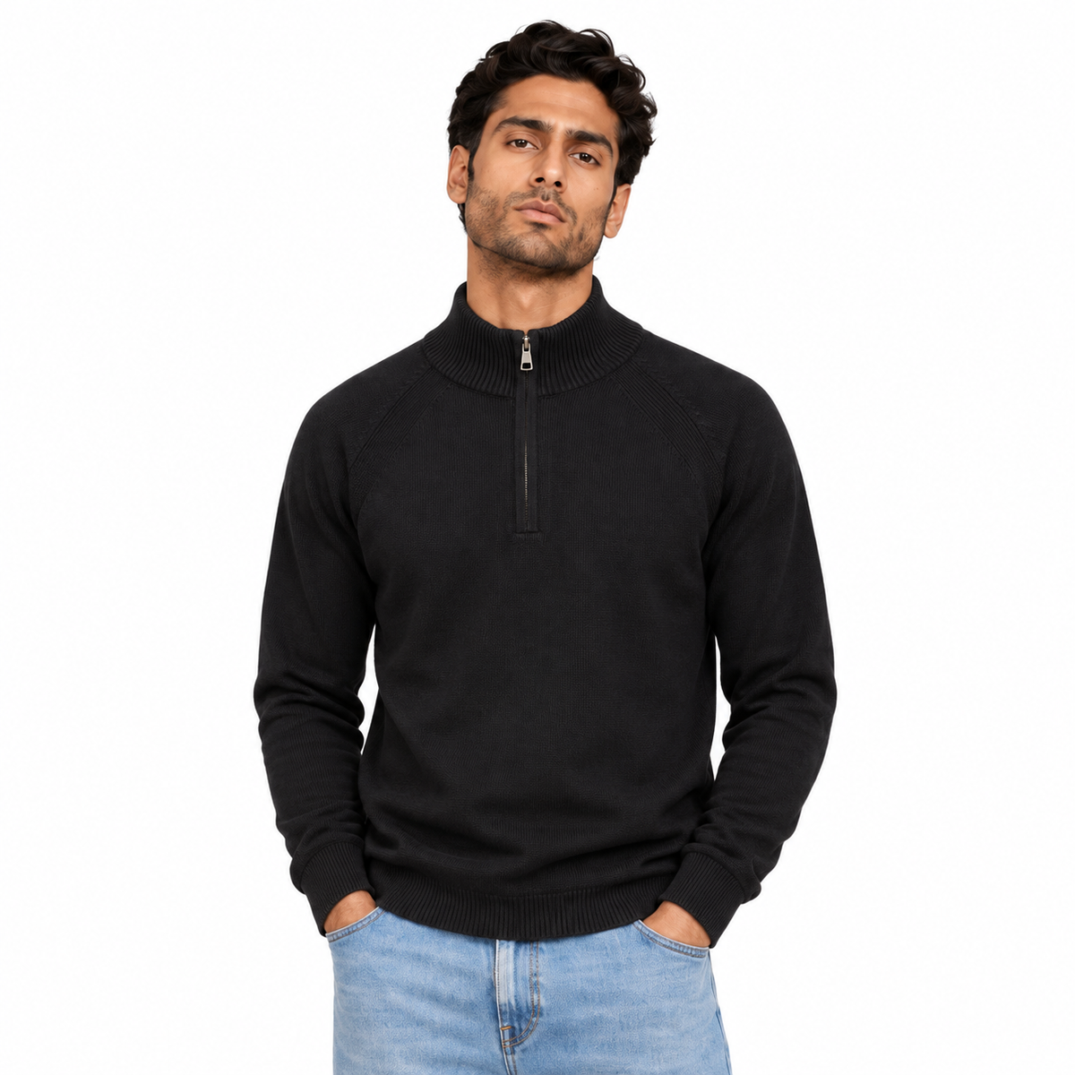 Man wearing Half Zip Knit Pullover in Black - model photo