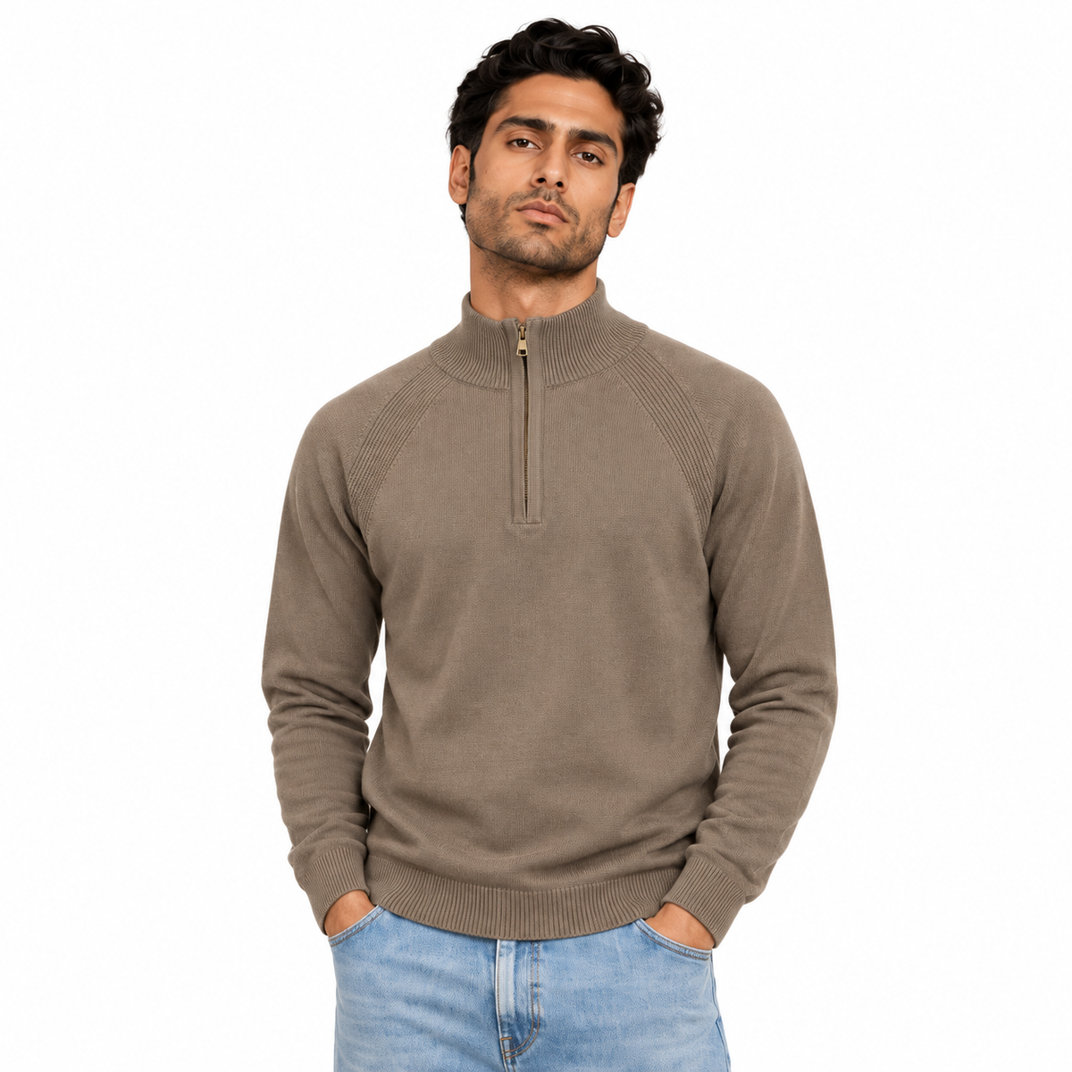Man wearing Half Zip Knit Pullover in Coffee - model photo