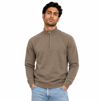 Man wearing Half Zip Knit Pullover in Coffee - model photo