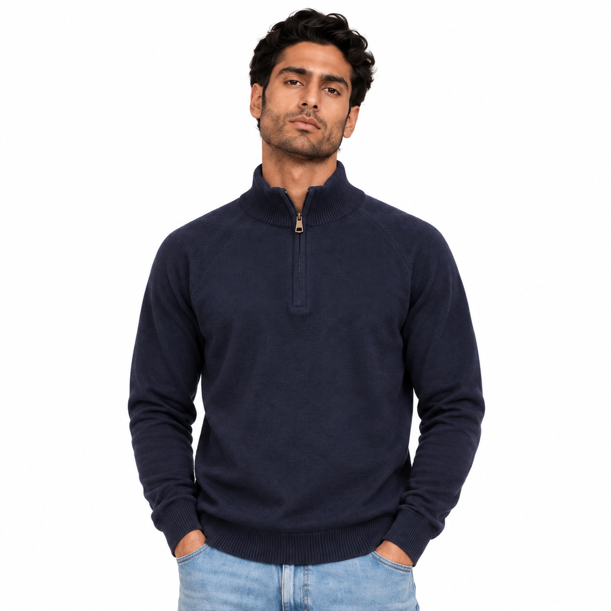 Man wearing Half Zip Knit Pullover in Navy - model photo