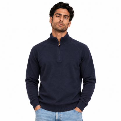 Man wearing Half Zip Knit Pullover in Navy - model photo