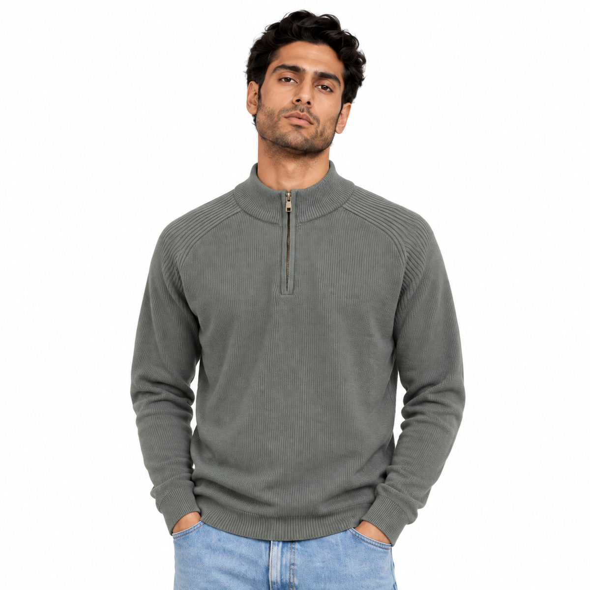 Man wearing Half Zip Knit Pullover in Olive - model photo