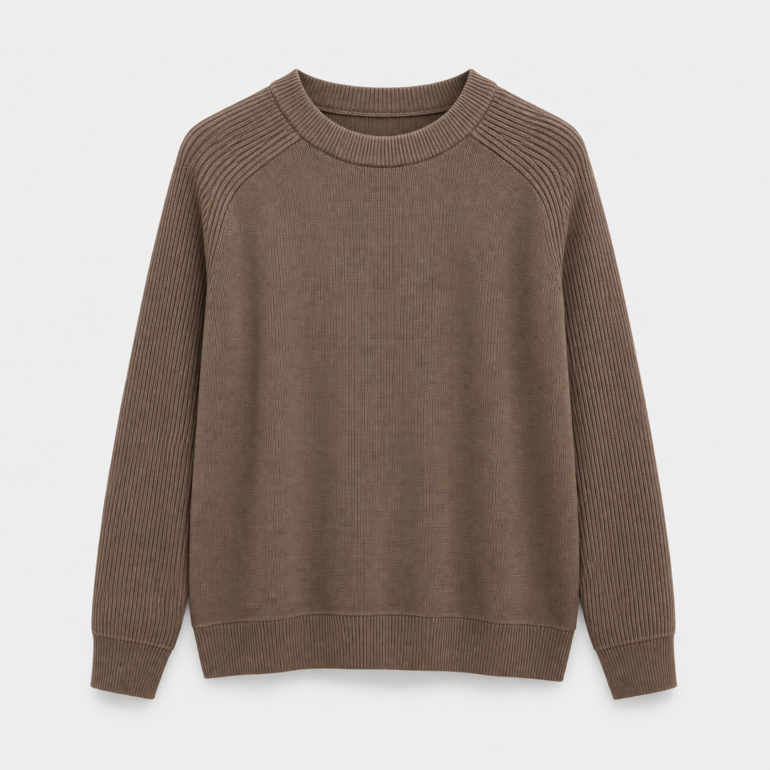Men Crew Neck Knit Pullover in Coffee - flat product view