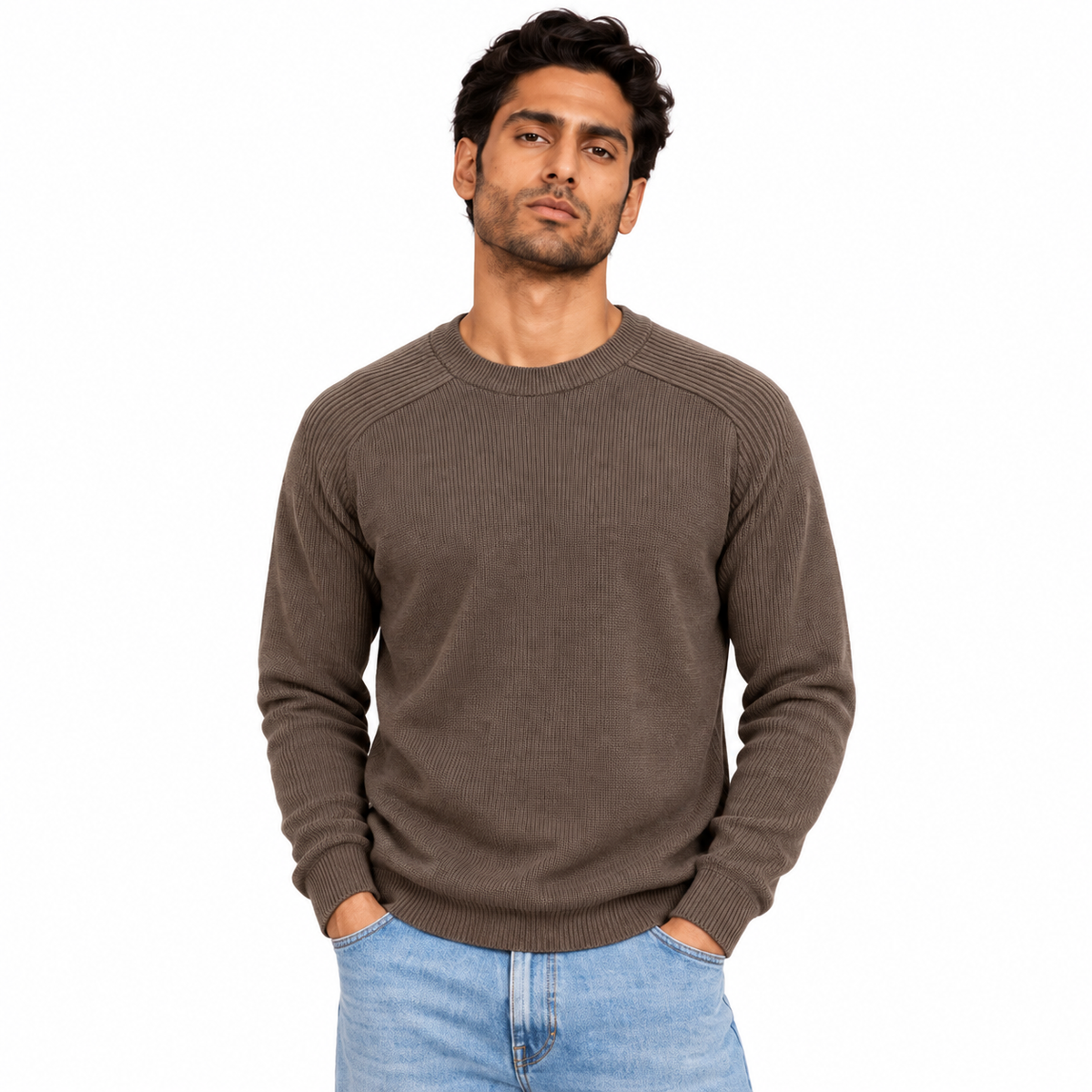Man wearing Crew Neck Knit Pullover in Coffee - model photo