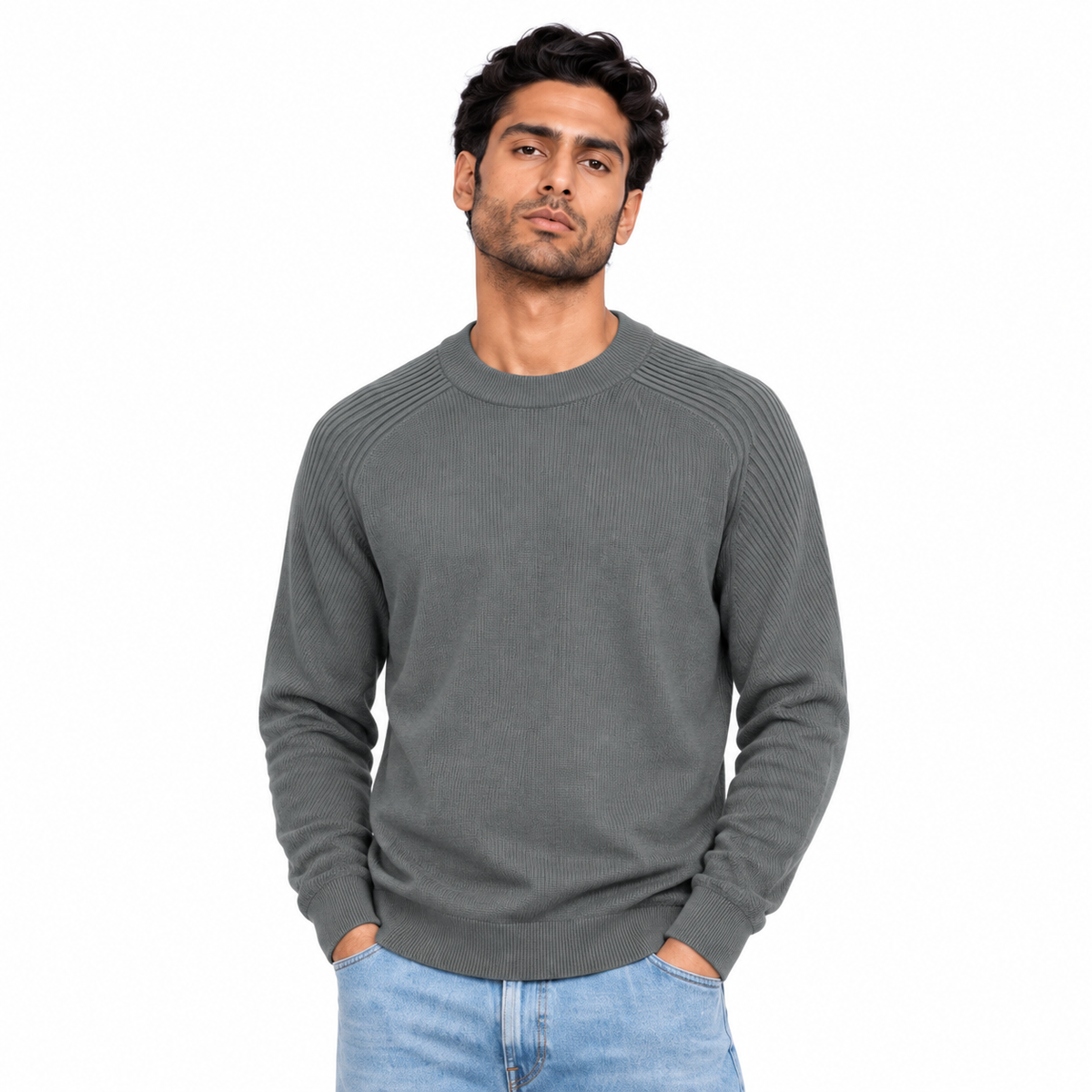 Man wearing Crew Neck Knit Pullover in Dark Gray - model photo